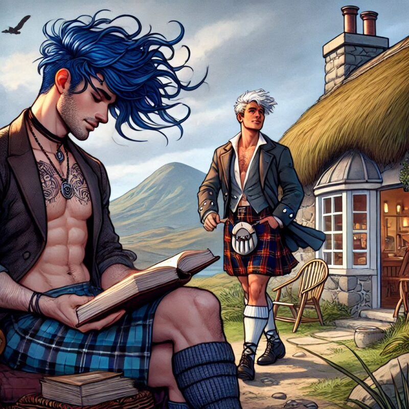 Svalnatý muž s modrými vlasy si čte knihu, v pozadí jde Lance s bílými vlasy, oba jsou oblečeni v kiltu a podkolenkách, v pozadí vidíme jednoduchou skotskou chaloupku, hory a oblačné nebe.