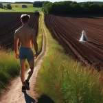 mladý muž v šortkách kráčí po polní cestě vedle zoraného pole, na němž stojí žena ve svatebních žatech, je léto, poledne, slunce svítí