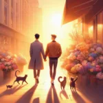 dva muži se drží za ruce a kráčejí kolem bohatě zdobeného květinářství večerní ulicí do západu slunce, u nohou se jim motají tři roulavé kočky