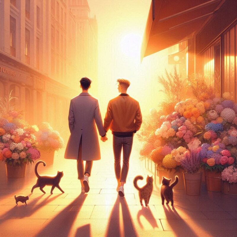 dva muži se drží za ruce a kráčejí kolem bohatě zdobeného květinářství večerní ulicí do západu slunce, u nohou se jim motají tři roulavé kočky